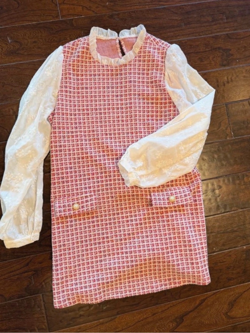 Women’s Red Tweed Dress with White Long Sleeve with Floral Print